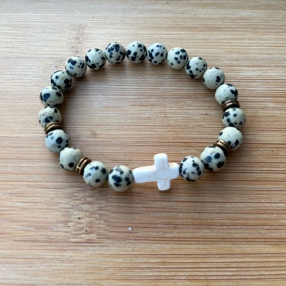 Hand Crafted Jewelry - White Cross Dalmatian Jasper Beaded Bracelet